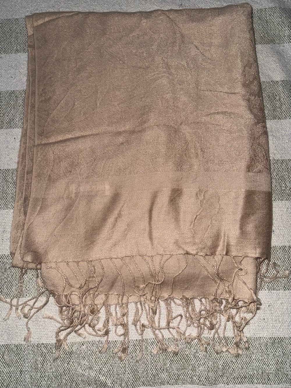 Pashmina Silk Paisley Scarf Shawl Wrap Tan Beige Fringe